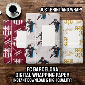 May include: Digital wrapping paper featuring a repeating pattern of a soccer player in a blue and red uniform, a soccer ball, and the text "m&eacute;s que un club" and "FCB".