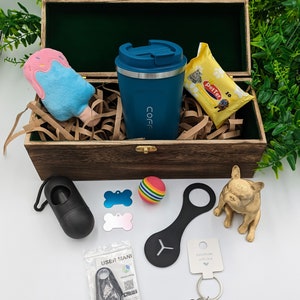 new dog gift box, wooden box with accessories, personalized pet name tag, personalized plaque, thermal coffee mug, 3d printed dog ornament