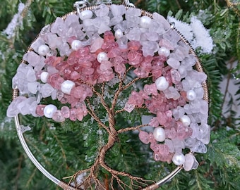 Rose and Strawberry Quartz on Antique Bronze Wire -  Tree of Life Sun Catcher - 4"