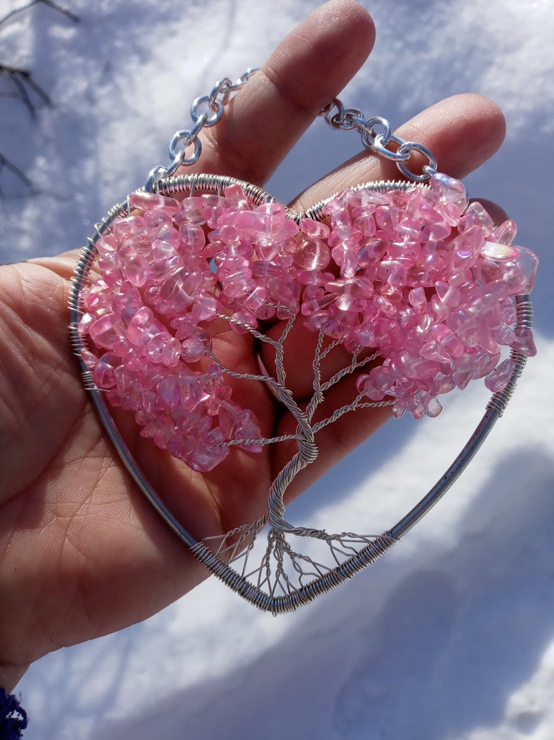 Pink AB Glass Tree of Life Sun Catcher heart shaped image 2