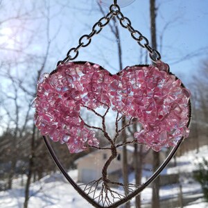 Pink AB Glass Tree of Life Sun Catcher heart shaped image 3