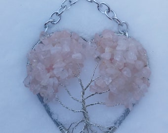 Rose Quartz Tree of Life Sun Catcher - heart shaped