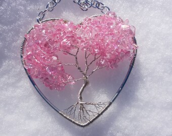 Pink AB Glass Tree of Life Sun Catcher - heart shaped