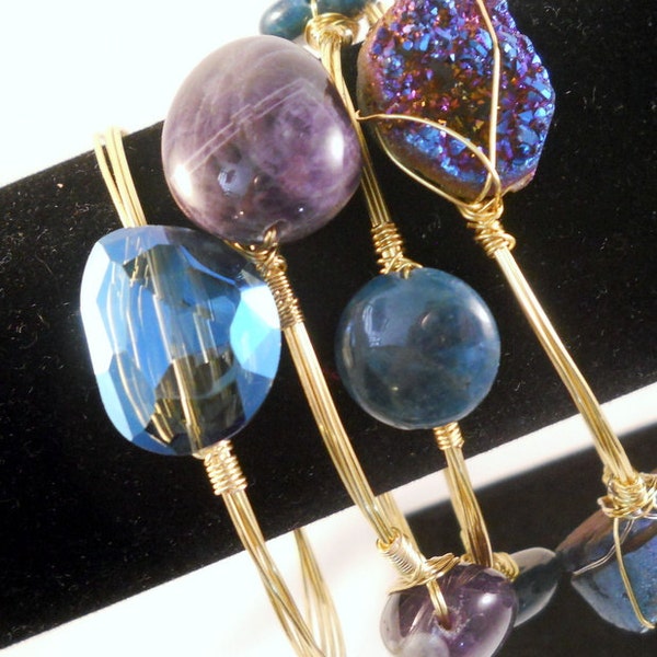 READY TO SHIP Stackable Gold Wire Wrapped Bangle Bracelet with Iridsescent Druzy