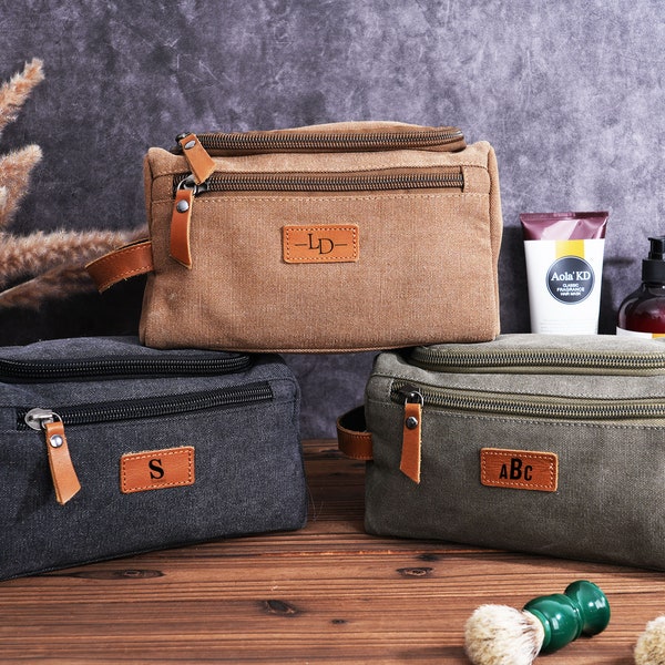 Personalized Men's Toiletry Bag,Canvas Leathers Travel Bag,Dopp Bag,Engraved Dopp Bag,Groomsmen Gifts for Him,Travel Toiletry Bag,Wash Bag