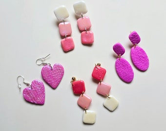 Polimer clay earrings, pink white love theme