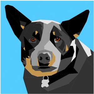 May include: Geometric illustration of a dog's face, featuring a blue heeler. The artwork uses a low-poly style with black, grey, white, and tan shapes. The dog has brown eyes and a white tag on its collar against a light blue background.