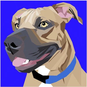 May include: Geometric illustration of a tan dog with a blue collar against a blue background. The dog has yellow eyes, a black nose, and its tongue is visible. The artwork has a low-poly style.