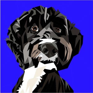May include: A geometric illustration of a dog's face against a vibrant blue background. The dog's fur is depicted in shades of black, gray, and white, with brown eyes and a white patch on its chest. The artwork has a modern, polygonal style.
