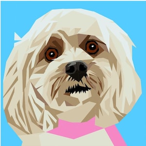 May include: A geometric illustration of a dog's face, featuring a light beige coat, brown eyes, and a black nose and mouth. The dog wears a pink collar against a bright blue background. The artwork has a modern, polygonal style.