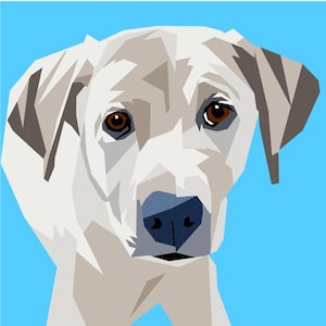 May include: A digital illustration of a dog's face, featuring a geometric design. The dog has light beige fur, brown eyes, and a blue nose, set against a bright blue background. The artwork has a modern, minimalist style.