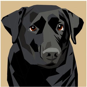 May include: A black Labrador Retriever dog with brown eyes, looking directly at the viewer. The dog's fur is a dark charcoal color and the image is in a low-poly style.