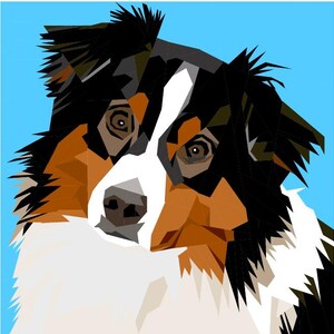 May include: A geometric illustration of an Australian Shepherd dog with a blue background. The dog's fur is depicted in shades of black, brown, white, and tan. The dog's eyes are brown, and the nose is gray.