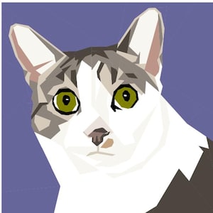Può includere: Un'illustrazione digitale geometrica in stile low-poly di una testa di gatto. Il gatto ha il pelo bianco con macchie grigie sulle orecchie e sulla fronte e occhi verde oliva brillanti. Il naso è marrone rosato su uno sfondo viola tenue.