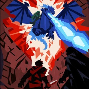 Può includere: Una stampa artistica geometrica raffigurante un drago blu scuro con un cavaliere, che sputa una fiamma blu brillante verso due figure sottostanti. La scena è ambientata su uno sfondo rosso e marrone scuro con forme angolari e stile vetrata.