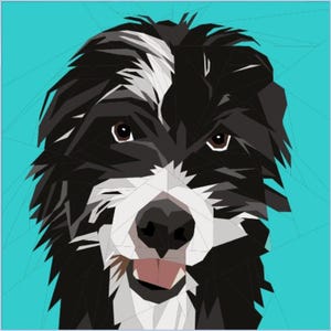 May include: A geometric illustration of a dog's face, featuring black, white, and brown tones against a teal background. The dog's open mouth reveals a pink tongue, and its eyes are focused. The artwork has a modern, stylized appearance.