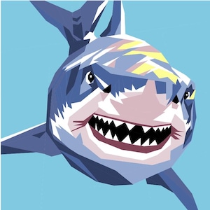 May include: A cartoon illustration of a white shark with a blue and yellow striped pattern on its back. The shark has a wide, toothy grin and is swimming towards the viewer.
