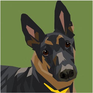 Puede incluir: Ilustración geométrica de la cabeza de un perro pastor alemán. El perro tiene marcas negras, marrones y bronceadas con ojos marrones y un collar amarillo sobre un fondo verde. La obra de arte es de estilo low-poly.