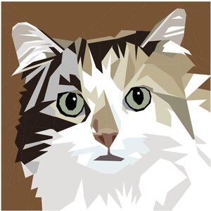 Può includere: Un'illustrazione digitale geometrica di un muso di gatto con una tavolozza di colori composta da bianco, marrone, beige e nero. Il gatto ha grandi occhi verde chiaro, orecchie a punta e un motivo facciale simmetrico in forme poligonali.