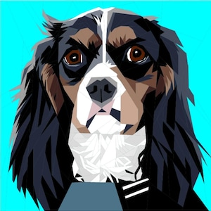 May include: A geometric illustration of a dog's face against a bright blue background. The dog features brown eyes, a white muzzle, and black and brown fur. The artwork has a modern, stylized appearance, with sharp angles and flat colors.