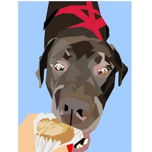 May include: A stylized digital illustration of a dark brown dog with a red geometric pattern on its head, set against a light blue background. The dog has wide, expressive eyes and is shown from a front-facing perspective with sharp, angular shapes.