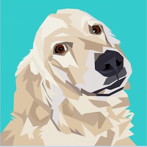 May include: A geometric illustration of a Golden Retriever's head, with a light beige coat, brown eyes, and a black nose. The artwork is set against a bright turquoise background, showcasing a modern, polygonal design.