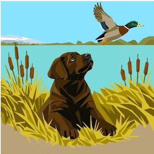 May include: A brown Labrador Retriever sits in tall grass, gazing upwards at a flying duck. The illustration features a blue sky, a lake, and cattails. The dog is the focal point, with detailed shading and a focused expression.