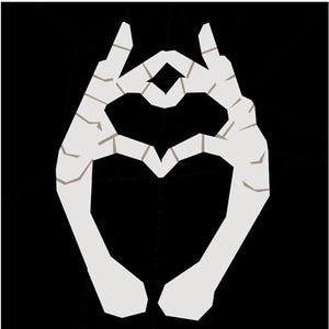 May include: A graphic illustration of two hands arranged to form a heart shape. The hands are white with tan detailing, set against a black backdrop. The design is minimalist and geometric, with a focus on the heart symbol.