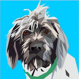 May include: A digital illustration of a dog with white and gray fur, brown eyes, and a green collar. The dog is looking directly at the viewer against a bright blue background.