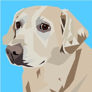 May include: A geometric illustration of a Labrador Retriever dog's head, rendered in shades of beige, brown, and white against a bright blue background. The dog's eyes are a deep brown, and the overall style is modern and stylized.