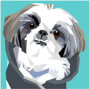 Op de afbeelding: Een digitale illustratie van een Shih Tzu-hond met een geometrisch ontwerp. De hond heeft bruine ogen, witte vacht en grijze en bruine accenten. De achtergrond is effen turquoise.