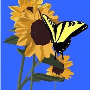 Op de afbeelding: Een digitale illustratie van een geel-zwarte vlinder op een zonnebloem. De zonnebloem heeft gele bloemblaadjes en een bruin hart. De achtergrond is effen blauw.