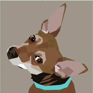 以下が含まれることがあります： 茶色、ベージュ、白の色合いで描かれた、幾何学的な犬の頭のイラスト。水色の首輪が特徴です。犬は大きく、表現力豊かな茶色の目を持ち、尖った耳をしています。背景はニュートラルなグレーです。