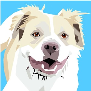 Può includere: Un'illustrazione digitale del volto di un cane, con un design geometrico. Il cane ha occhi marroni, una lingua rosa e un mantello bianco e marrone su uno sfondo azzurro. Il cane sta sorridendo.
