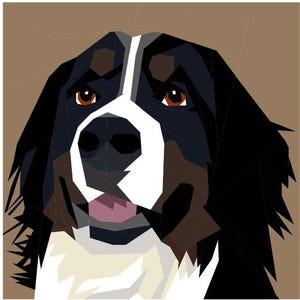 May include: Geometric illustration of a Bernese Mountain Dog's face. The dog has brown eyes, a black and white face, and a brown and black coat. The background is a solid brown color.