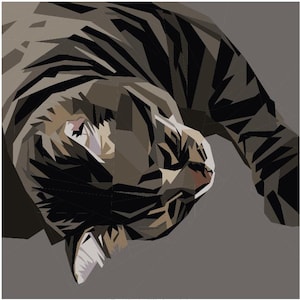 May include: A geometric, low-poly digital illustration of a cat in a resting position. The artwork features a palette of muted greys, browns, and black tones, composed of sharp, angular shapes that define the feline form and facial features.