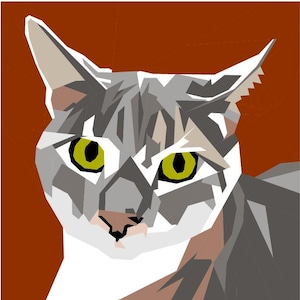May include: A geometric digital illustration of a cat head featuring shades of grey, white, and brown. The cat has bright yellow-green eyes and a pink nose, rendered in a faceted, angular style against a solid, deep burnt orange background.