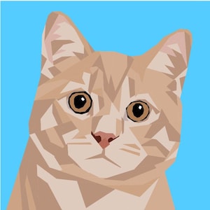 May include: A geometric, low-poly style illustration of a ginger cat head against a solid light blue background. The cat features shades of tan and cream with dark brown eyes and a pink nose, rendered in sharp, angular, flat-coloured polygons.