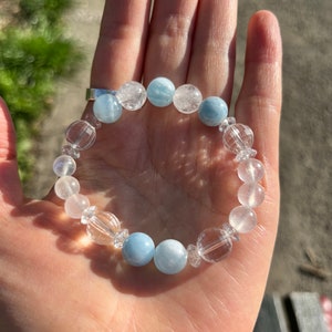 Aquamarine und Mondstein und Bergkristall Armband, AAA 10mm Aquamarin, AAA 8mm Mondstein, glückliche Ehe, Mondspiegelung im blauen Meer