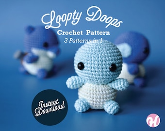 3 mini-amigurumibundels: op Pokemon geïnspireerde waterschildpad, pdf-haakpatroon