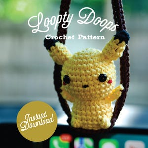 May include: A yellow crocheted Pikachu character hanging from a brown rope. The character has black eyes and a red blush. The text "Loopy Doops Crochet Pattern" is above the character. The text "Instant Download" is in a yellow circle below the character.