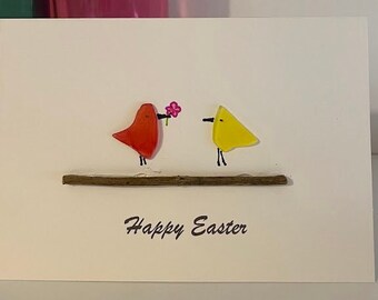 Sea Glass Birds Easter Card, recycled materials greetings card, colourful birds on a branch, congrats 15x10cm, unique design,