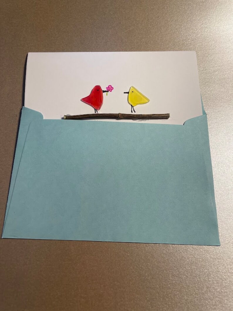 Carte de Pâques oiseaux en verre de mer, carte de voeux en matériaux recyclés, oiseaux colorés sur une branche, félicitations 15 x 10 cm, design unique, image 4