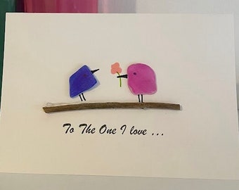 Sea Glass Birds To the one I love Card, recycled materials greetings card, colourful birds on a branch, congrats 15x10cm, unique design,