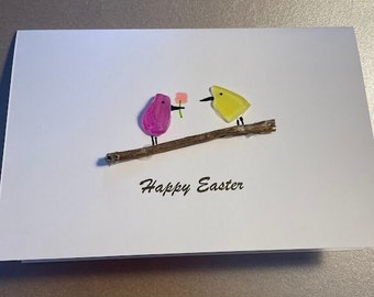 Sea Glass Birds Easter Card, recycled materials greetings card, colourful birds on a branch, congrats 15x10cm, unique design,