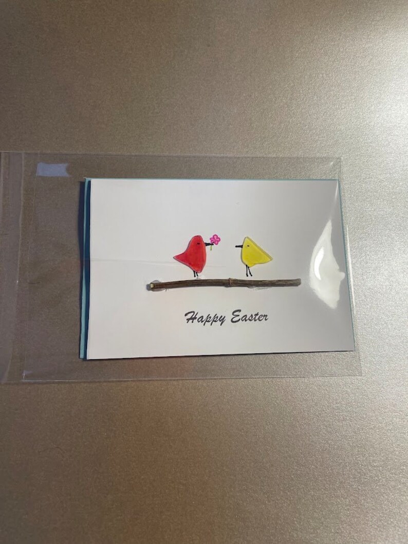 Carte de Pâques oiseaux en verre de mer, carte de voeux en matériaux recyclés, oiseaux colorés sur une branche, félicitations 15 x 10 cm, design unique, image 5