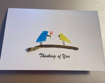 Sea Glass Birds Thinking of you, recycled materials greetings card, colourful birds on a branch, congrats 15x10cm, unique design,