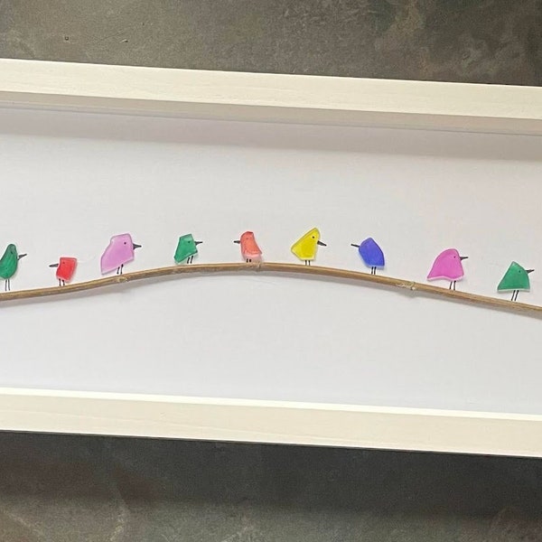 Sea Glass birds Framed Art Large, rainbow birds on a branch made from coloured sea glass. unique wall art  pebble picture hand made