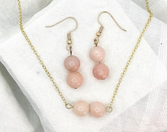 Pink Gemstone Earrings + Necklace Matching Set Double Bead Pink Stone Round Ball Necklace + Earrings Dainty Gold Jewelry Bundle Gift for Her