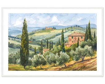 May include: A watercolor painting of a Tuscan landscape with rolling hills, cypress trees, and a farmhouse in the distance. The sky is blue with white clouds.